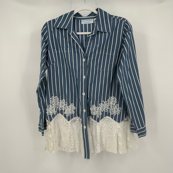 Bleu Bayou Tops - Womens Cottagecore Striped Lace Hem Top Size M Boho Artisan Layered Romantic